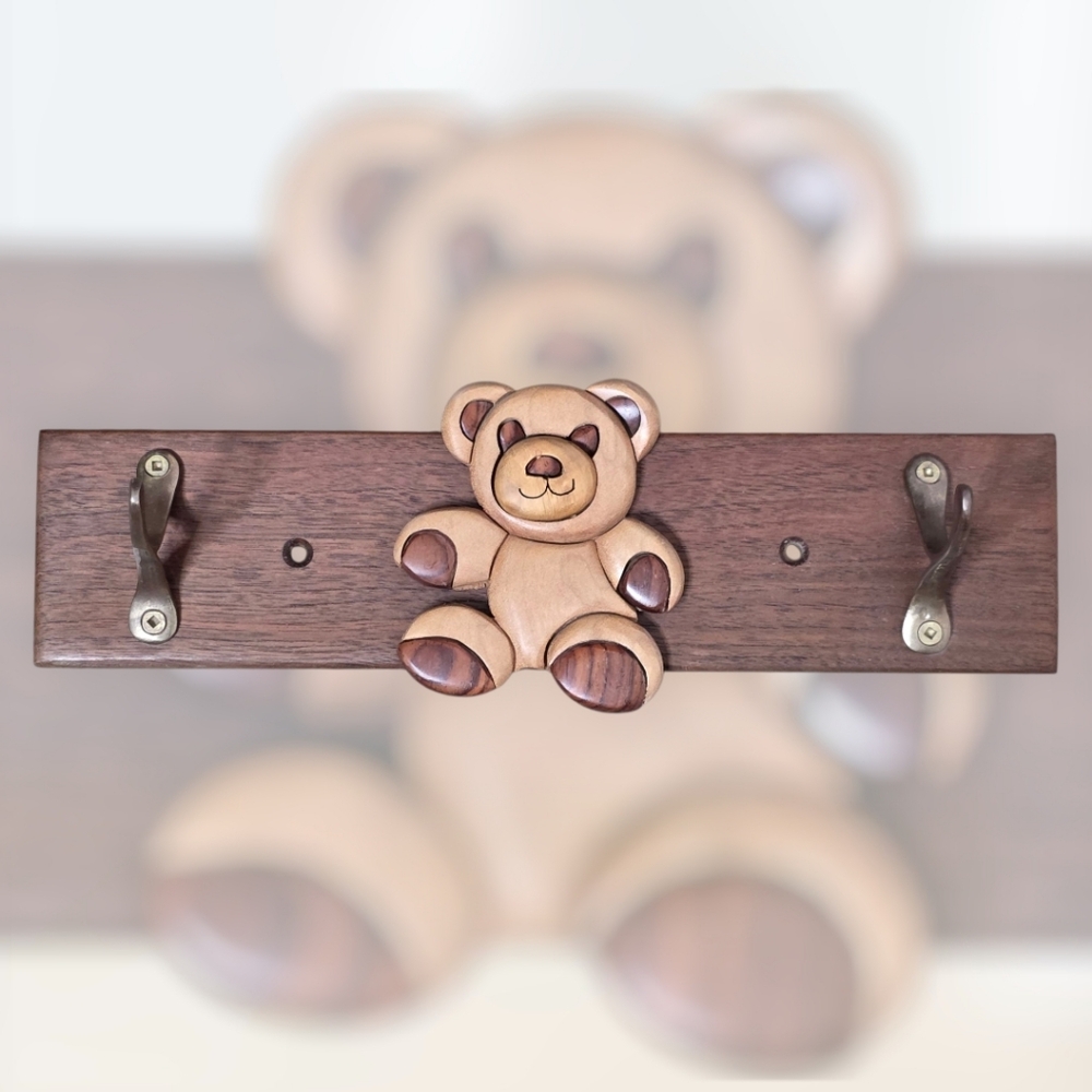 Vintage 90s Intarsia Wood Teddy Bear Wall Hook Rack – Earthwood Artisans, 11x2.5